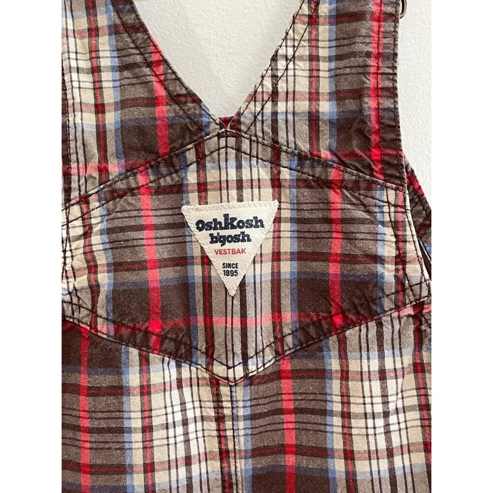 OshKosh B'gosh Plaid Vestbak Bib Overall Shorts Baby 18Mos Brown